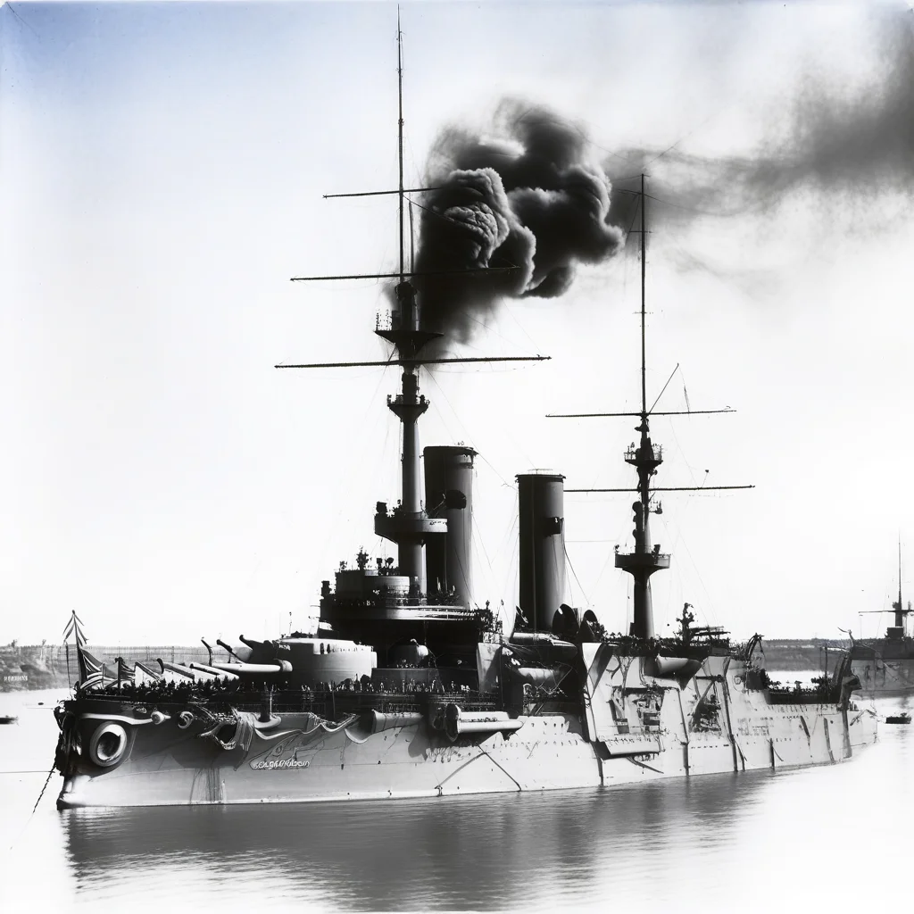 ocean, outdoors, Battleship Orel at bay, Battleship Admiral Ushakov sailing towards the viewer against the bacdrop of a port. Black and White photograph, under blue sky. the ship is painted very dark, Smoke billowing from smoketacks, vehicle focus, Sailors on deck, in light gray. The view is from the right side, signature, battleship dvenadsat apostolov is moored in a bay. the ship is painted in peactime colors, with lighter superstructur, sailing to the viewer with the bow slightly to the left.