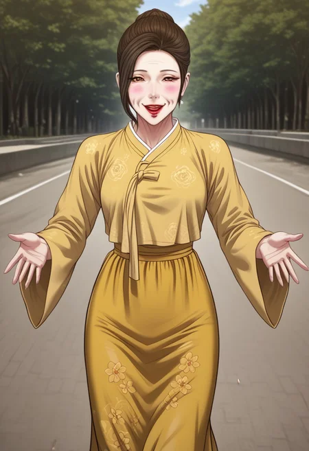 score_9, score_8, score_7, score_6, score_5_up, 1girl, solo, ja-young lee, old woman, gilf, pale skin, yellow hanbok, floral print hanbok, long dark yellow skirt, floral print skirt, brown hair, long sleeves, red lips, large breasts, lipstick, makeup, skirt, single_hair_bun, hair bun, black eyes, smile, open mouth, teeth, blushing, walking, incoming hug, looking_at_viewer, pov, full_body, (((dynamic pose))), outdoors, afternoon, (((detailed_background))), ((perfect anatomy)), best quality, masterpiece