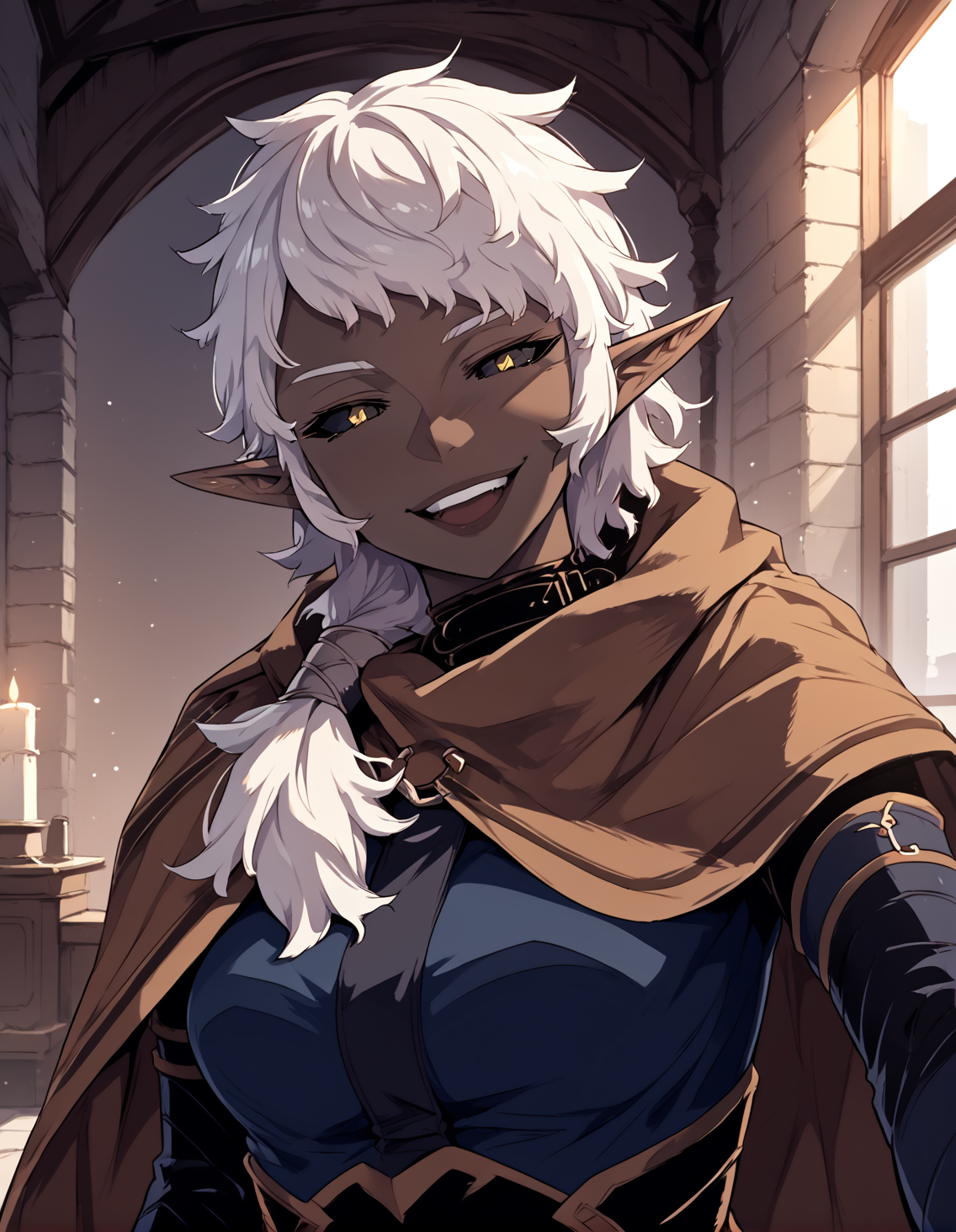 <lora:Camil-000004:1>
pointy ears, black sclera, dark skin, White hair,dark elf, elf, yellow eyes, brown cape, <lora:!action-sdxl-V0.5:1>
score_9, score_8_up, score_7_up, score_6_up, source_anime, rating_explicit, 1girl, solo, smile, half-closed eyes, open mouth, mansion, indoors, looking at viewer, outstretched arms, pov, close-up, (head tilt:1.2)  <lora:light:1>