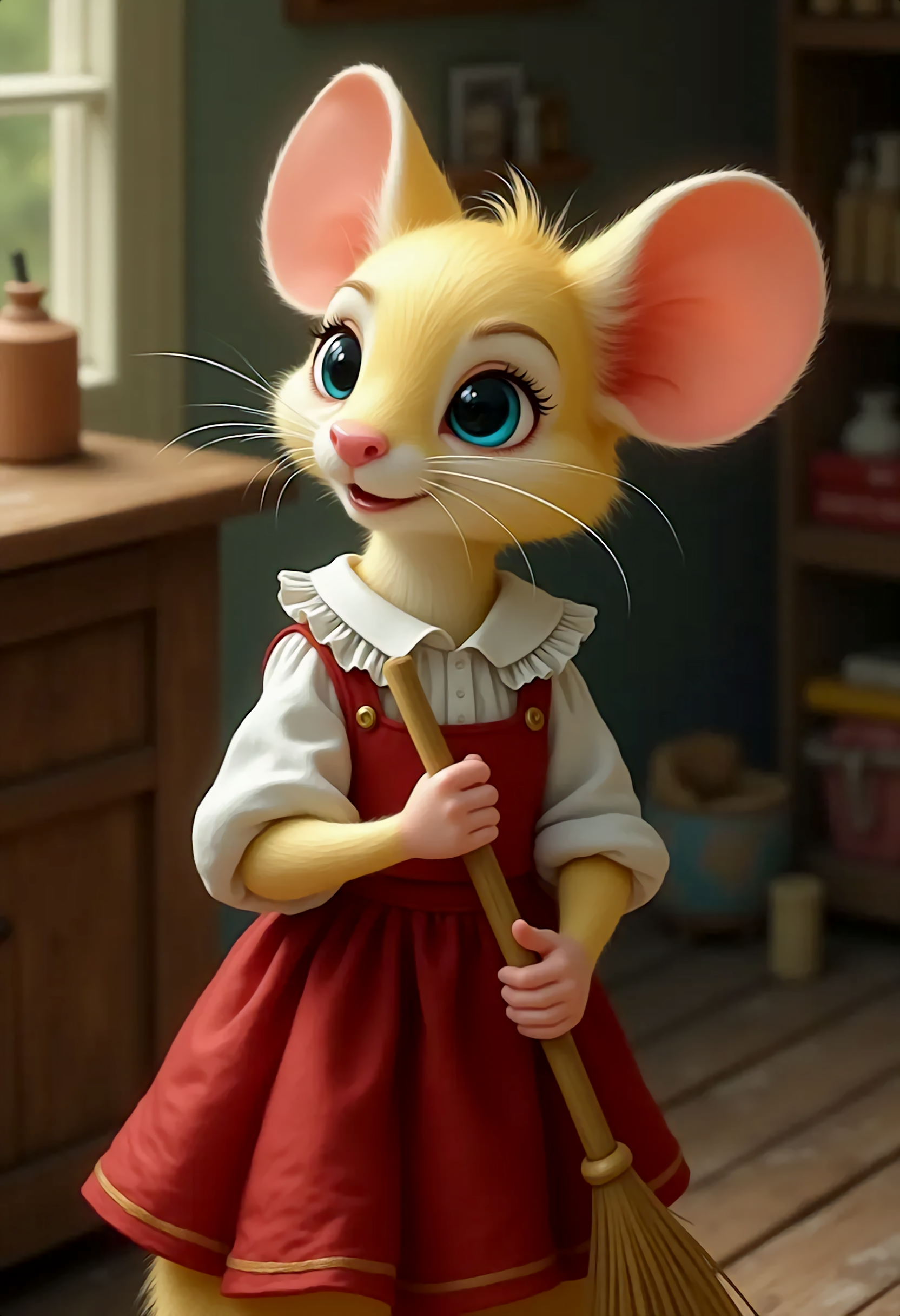 a stunning representation of a beautiful, adult, feral, mouse with vivid and friendly blue eyes. Soft, light yellow fur covers her body accentuating her white cheeks. She wears a frilly white shirt and a simple but elegant red skirt, giving her an air of sophistication. The scene is inside a  cluttered cottage where she is sweeping while humming to herself.  She looks down as she sweeps, lost in thought. Stewart Little, (upper body portrait, close up)
