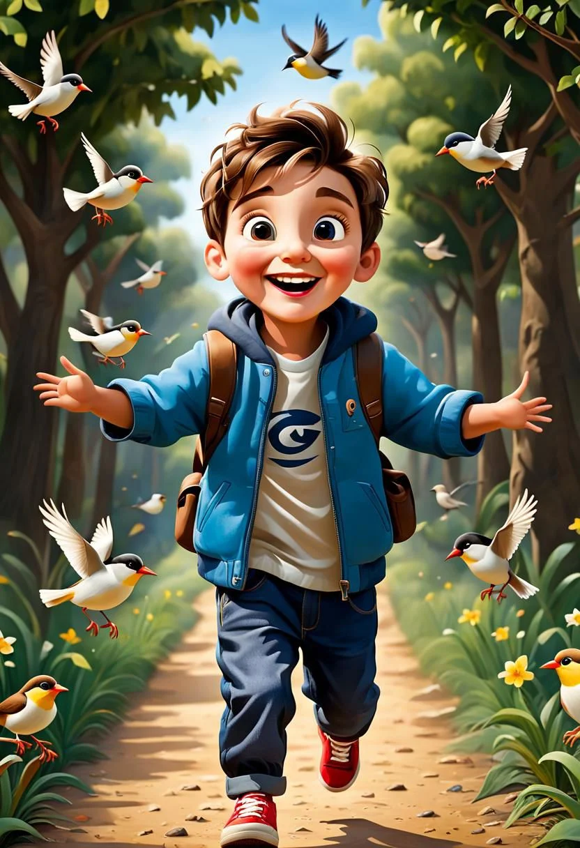 masterpiece, solo focus award winning portrait of a small birds flying around a happy kid