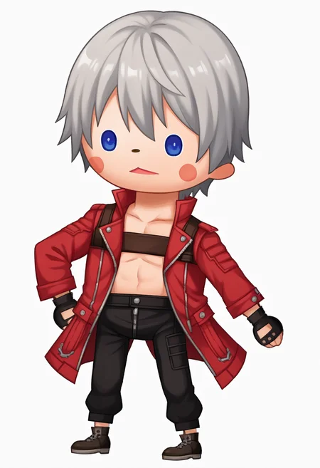 score_9, score_8_up, score_7_up, source_anime BREAK 1boy, solo,
<lora:zs_TheatrhythmStyleXL_1:1> theatrhythmstyle, chibi, white background, full body
<lora:dmc3_dante_ponyXL:1> dmc3dante, grey hair, bangs, blue eyes, red coat, bandeau, fingerless gloves, pants, plain background