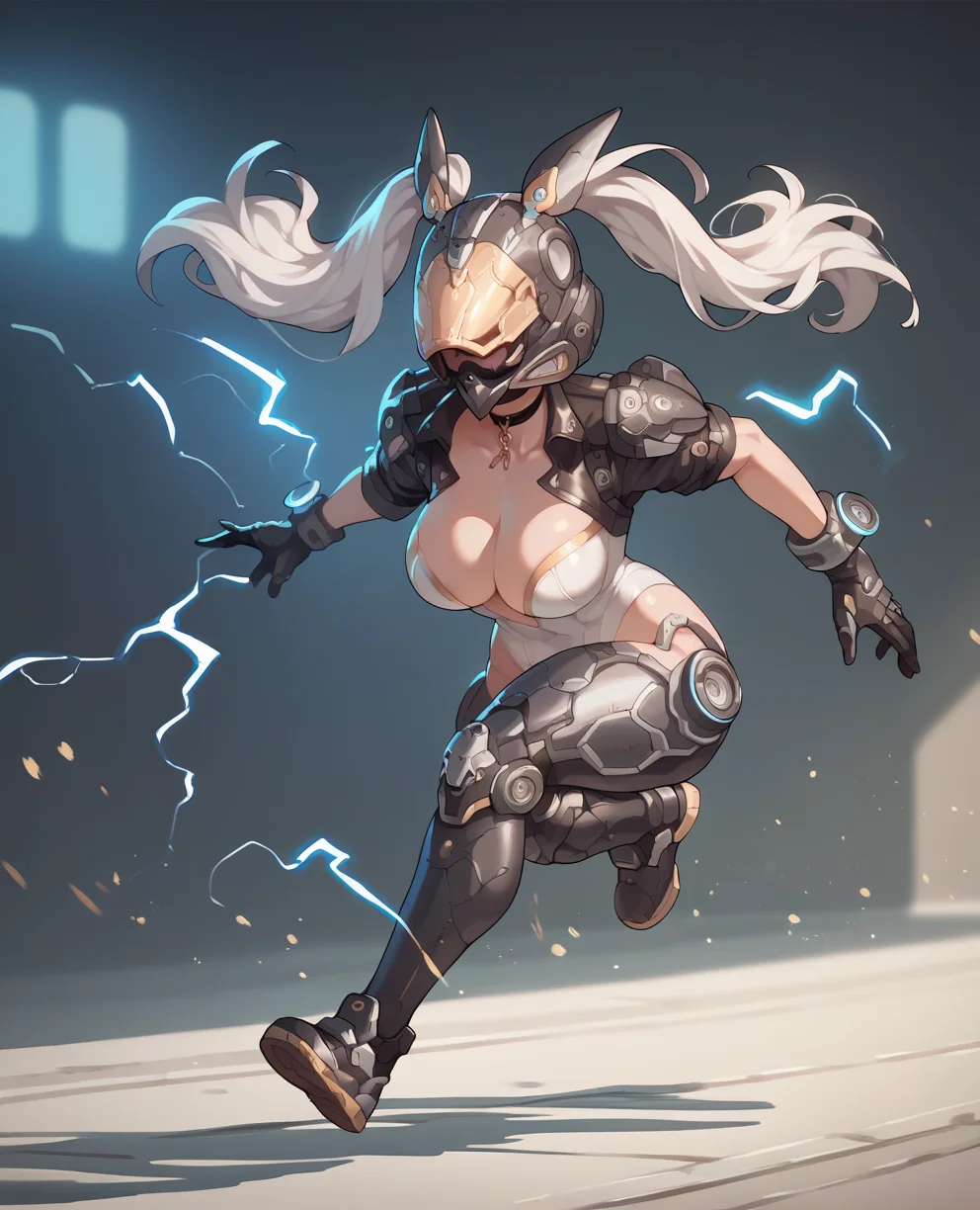 score_9,score_8_up,score_7_up,score_6_up,
bnnyxl,white hair,twintails,helmet,mask,
white leotard,black cropped jacket,choker,armor,gloves,running,
science fiction,base,electricity,curvy,large breasts,
<lora:BunnyUltimateXL:0.8>,