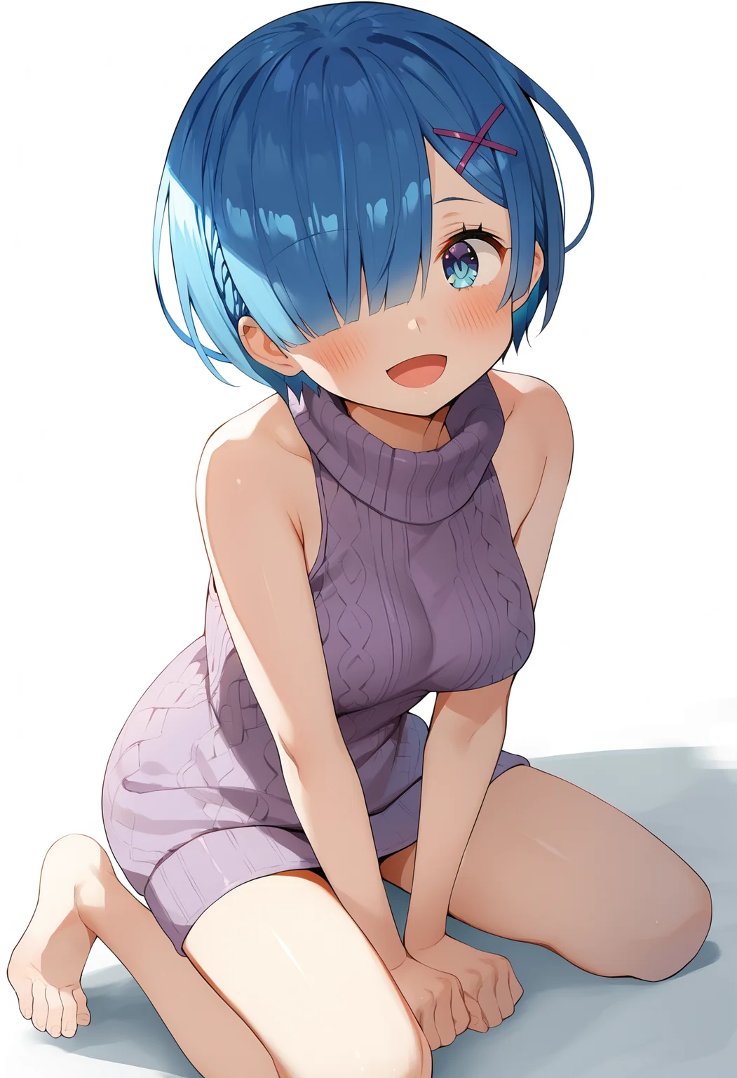 score_9, score_8_up, score_7_up BREAK
source_anime, rating_safe, gaoustyle, simple background, dutch angle, looking up, looking at viewer, sitting, kneeling, blush, open mouth, smile, solo, 1girl, blue hair, blue eyes, hair over one eye, short hair, hair ornament, x hair ornament, turtleneck sweater, sweater dress, sleeveless, bare arms, barefoot, purple sweater, medium breasts <lora:gaou_style_pxl_v3:0.9>