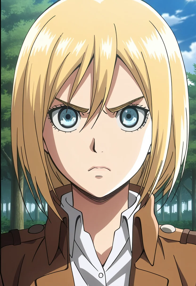 anime screencap,8k, absurd res, 1girl, solo, looking at viewer, short hair, hair betweeen eyes,blonde hair,bangs,blue eyes,wearing a paradis military uniform,outdoors,detailed background,forest,christa_renz,blue sky,angry <lora:christa_renz:1>