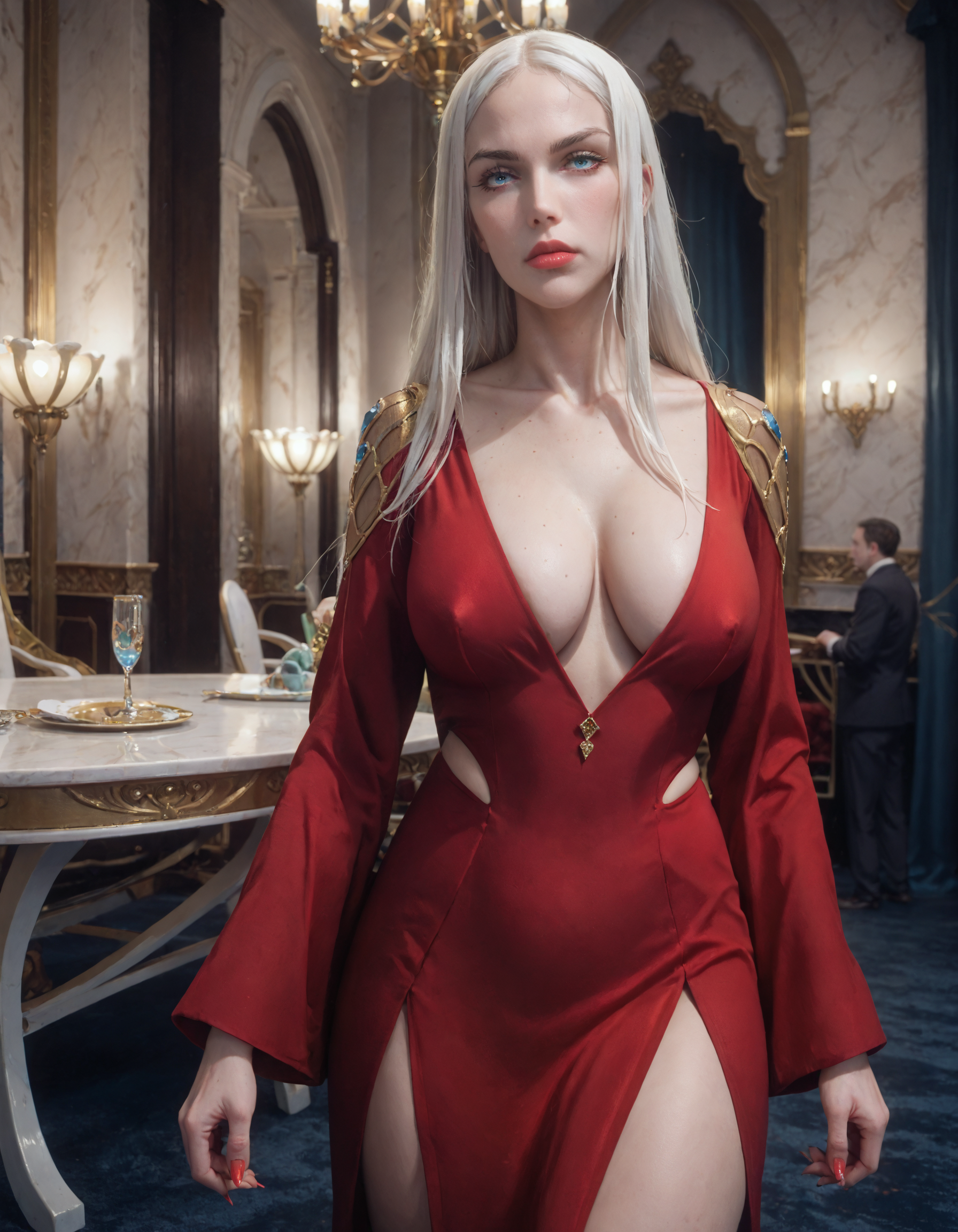 score_9, score_8_up, score_7_up, score_6_up, dramatic lighting, ultra-detailed, intricate details, 8k, subsurface scattering, woman walking in a fancy throne room, <lora:Carmilla_v2-000023:0.8>, huge breasts, (sagging breasts:0.7), (breasts apart:0.8), pale skin, (3-casual)