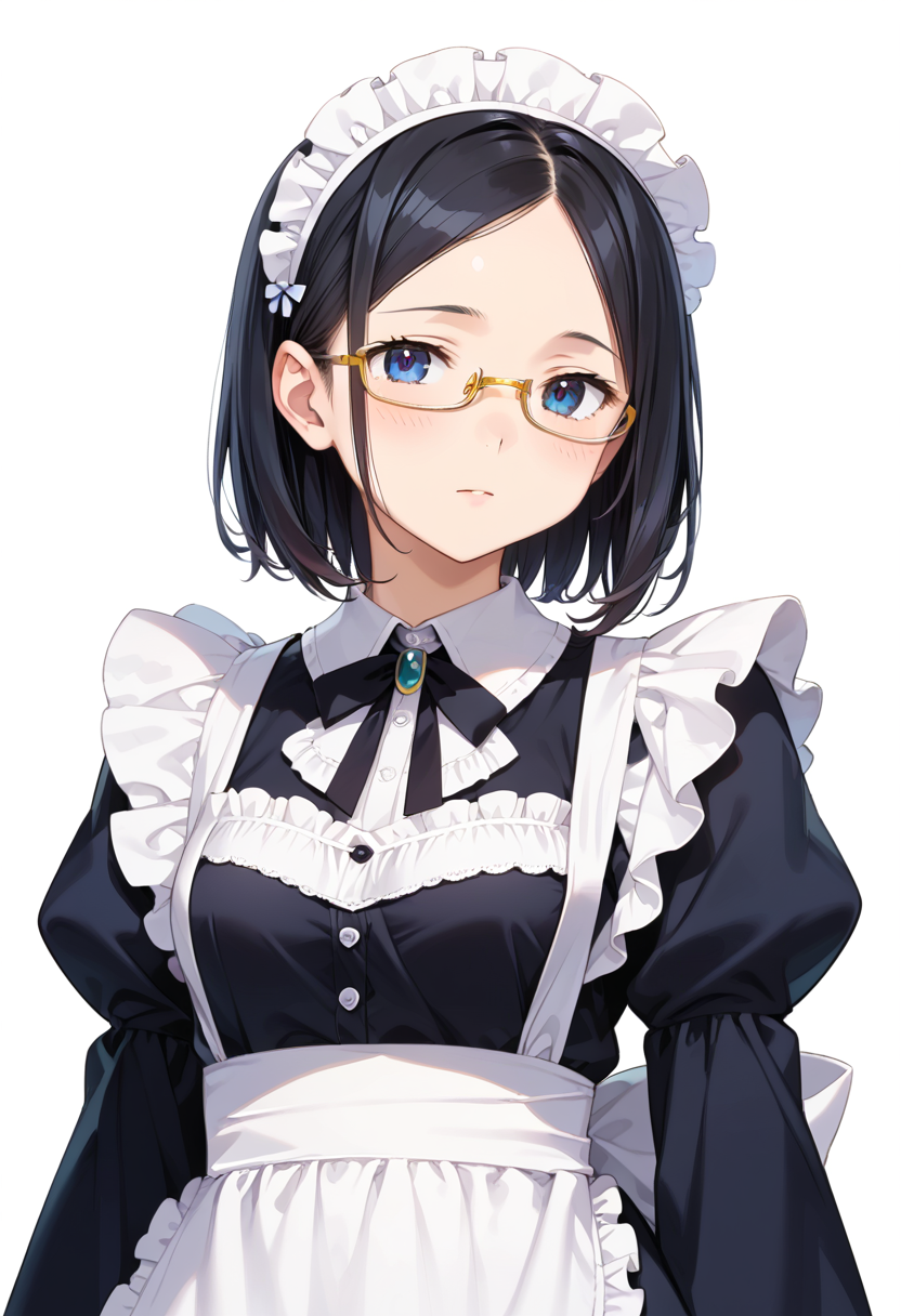 score_9, score_8_up, score_7_up, rating_safe, masterpiece, best quality, absurdres, unity 8k wallpaper, official art, official style, source_anime, uncensored, game cg, megami magazine,
1girl, solo, black hair, medium hair, upper body, covered eyes,maid, maid headdress, black dress, maid apron, face focus,
underrim_metal, glasses, still life, white background, simple background, under-rim eyewear, yellow-framed eyewear, 
 <lora:glasses_underRimMetal_PONY_V1:1>