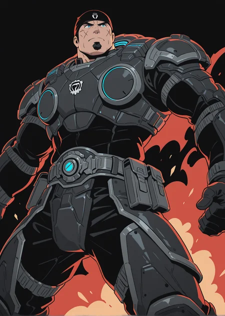 <lora:Marcus_Fenix_IL:1> og_marcus_fenix, 1boy, mature male, male focus, solo, black background, muscular, bara, top less, power armor, grey belt pouch, black pants, black short hair, blue eyes, scar on face, pose, goatee, wrinkles, black bandana, crotch plate, leg armor, frown, looking up, from below, (((simple color, animification, red theme, high contrast, flat color))), fire sparkles, fire, explosion, smokes, black smoke, dramatic, fighting stance, masterpiece, best quality