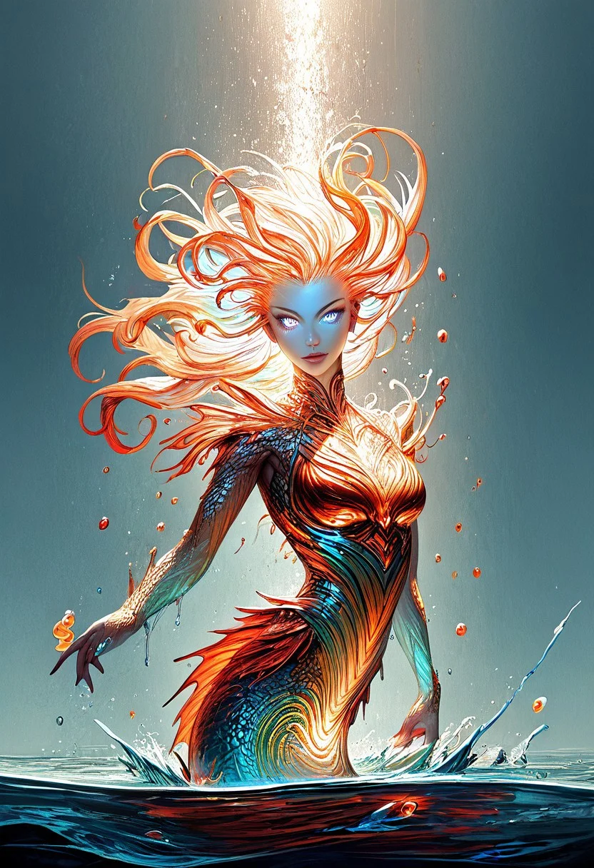 (score_9, score_8_up), score_7_up, zPDXL, solo, <lora:MythAnim3Style:0.8>, MythAn1m3,  source_anime, 1girl, mermaid, dark mysterious backgroud, Iridescent eyes, aquatic scene, dreamlike atmosphere, mystical, ethereal light, detailed textures, whimsical, rippling, dripping, water element, very long cascading hair, water, very beautiful, sexy, sexy body, beautiful body, scales, wet body, Iridescent scales, bubbles, water drops, Iridescent skin, multi colored eyes, partially underwater shot, watce, bioluminescent skin, bioluminescent, glowing, bioluminescent scales, bioluminescent hair,  FastNegativeV2, laser light clothes, submerged breast, water line on lense, view from under water, light hair