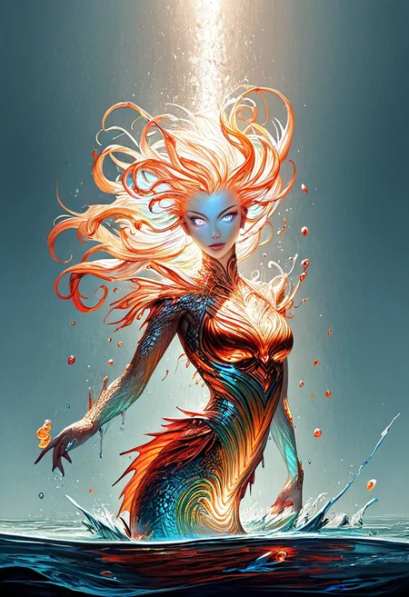 (score_9, score_8_up), score_7_up, zPDXL, solo, <lora:MythAnim3Style:0.8>, MythAn1m3,  source_anime, 1girl, mermaid, dark mysterious backgroud, Iridescent eyes, aquatic scene, dreamlike atmosphere, mystical, ethereal light, detailed textures, whimsical, rippling, dripping, water element, very long cascading hair, water, very beautiful, sexy, sexy body, beautiful body, scales, wet body, Iridescent scales, bubbles, water drops, Iridescent skin, multi colored eyes, partially underwater shot, watce, bioluminescent skin, bioluminescent, glowing, bioluminescent scales, bioluminescent hair,  FastNegativeV2, laser light clothes, submerged breast, water line on lense, view from under water, light hair