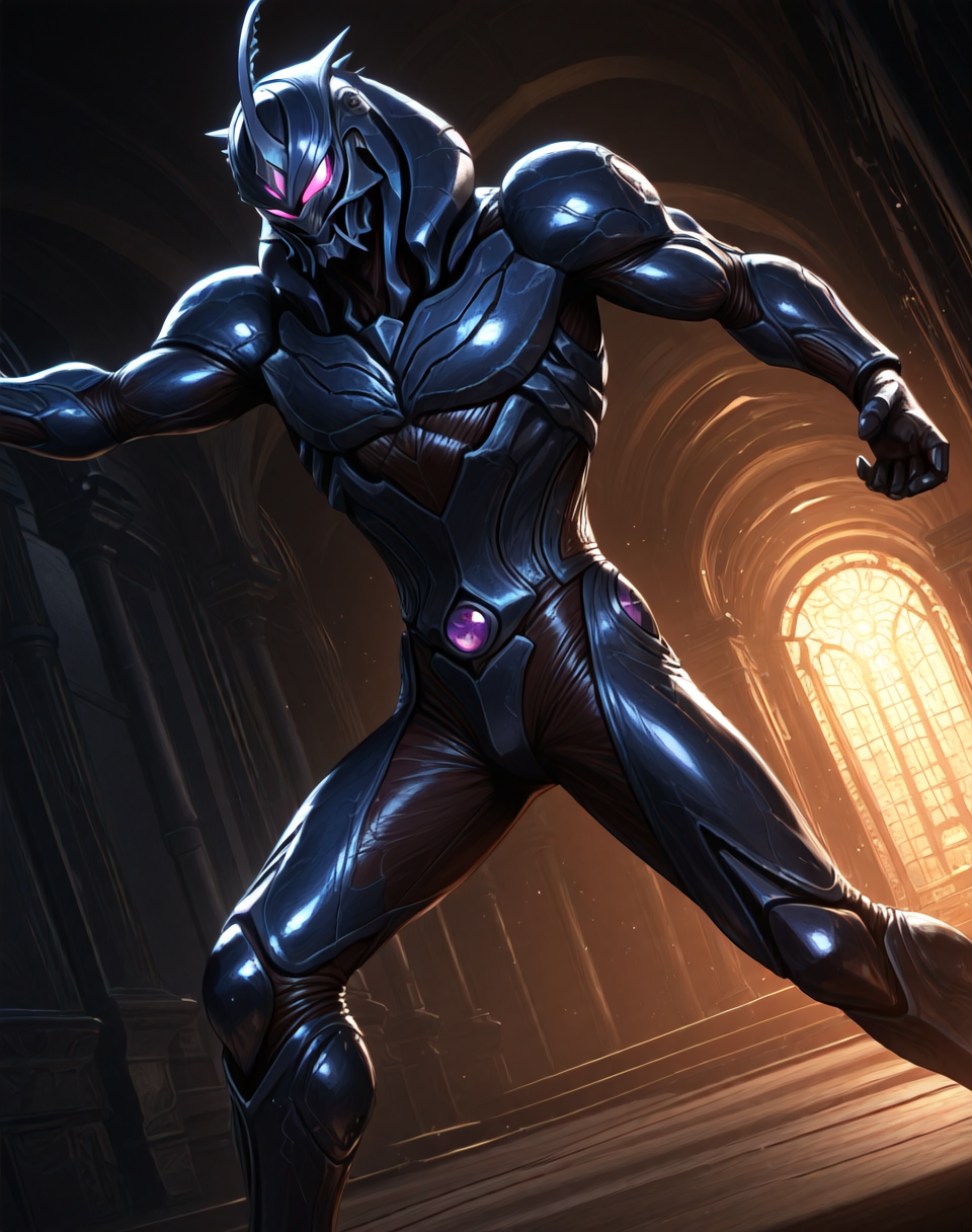 perfect depth of field shot, masterpiece, beautiful, sharp focus, crisp details,
<lora:Dark_Hero_(Guyver)_(Illustrious)_(AD):1> Dark_Hero, Guyver, bioboosted armor, 
((exterior, science fiction, high science fiction, action anime style background, dark spaceship interior, photographic realism, 8K CGI render, 
dynamic action, dynamic perspective, dutch angle, bent knee, cowboy shot,
male focus, gradient style anime coloring, strong, fighting scene, solo, ):1.5), 
EZRealPONYXL, zPDXL, Smooth Quality, lazynsfw,