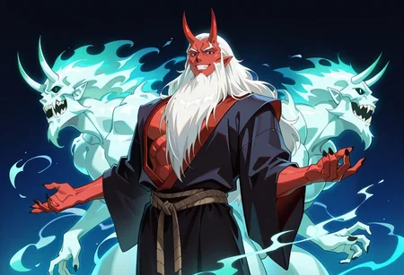masterpiece, best quality, newest, absurdres, highres, anime, anime style, vintage anime, 90s anime, 1boy, demon, demon boy, red skin, red colored skin, white hair, horns, oni horns, massive horns, oni, muscular male, monster boy, monster, muscular, black robe, black eyes, manly, beard, long beard, smile, grin, evil grin, Necromancer-IL-V1.0, Necromancer-IL-V1.0-Minions, ghostminions, ghost, ghosts,