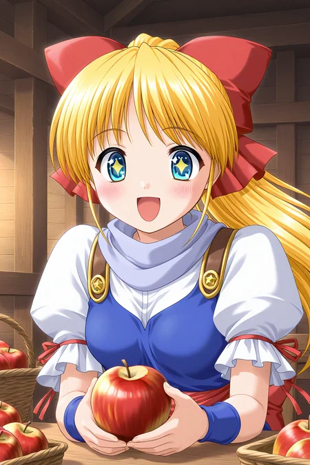 masterpiece, best quality, absurdres, official art, official style, rating general BREAK <lora:leticiaapple_IL_v1-1:0.7>, leticia apple, 1girl, solo, blue eyes, blonde hair, very long hair, high ponytail, small breasts, hair bow, large bow, red bow, casual, light purple scarf, blue tank top, white shirt, puffy short sleeves, red ribbon, arm ribbon, wristband, red sash, indoors, basket, apple, table, upper body, portrait, close-up,
blush, :d, + +, happy, looking at viewer, open mouth, smile, sparkle, sparkling eyes, star-shaped pupils, symbol-shaped pupils