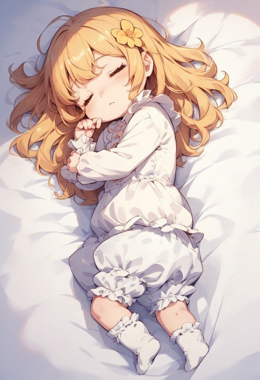 score_9, score_8_up, score_7_up, best quality, fine detail, 1girl, solo, cute, bloomers, chibi, sleeping in princess bed
