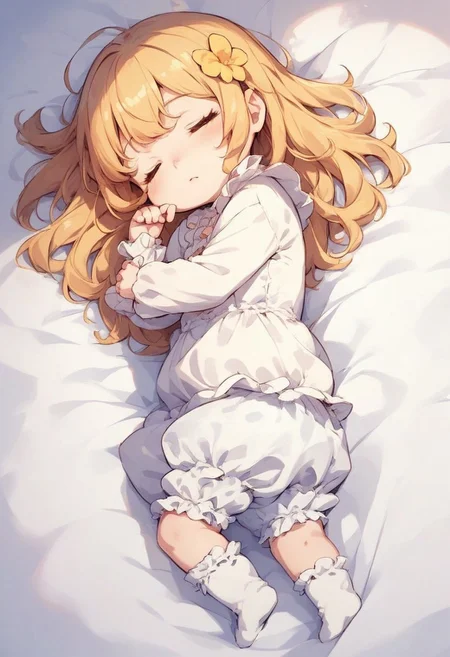 score_9, score_8_up, score_7_up, best quality, fine detail, 1girl, solo, cute, bloomers, chibi, sleeping in princess bed