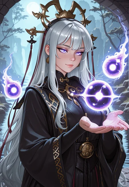 score_9, score_8_up, score_7_up, 1girl, solo, ethereal spirit, flowing translucent robes with shimmering celestial patterns, ancient lantern with a glowing orb and intricate engravings, long wavy silver hair adorned with moonstone pendants, realistic, cinematic angle, cinematic lighting, graceful body, serene face, glowing violet eyes, levitating pose
BREAK
floating above a tranquil moonlit lake
BREAK
source_fantasy_art, rating_explicit, expressive, full body, elegant pose
BREAK
detailed beautiful background, serene moonlit lake with calm waters and reflecting moonlight, ancient stone bridge and weeping willows, distant mountains with a soft glow, mystical atmosphere with a sense of peace and tranquility
<lora:Expressive_H:0.6>Expressiveh, (SimplepositiveXLv1:1.3), (upper body, full clothed:1.85) ((masterpiece)) (ultra realistic, 32k, masterpiece:1.2), (high detailed skin:1.1), (high quality:1.1) (((full clothed))) <lora:DandonFuga_Style_v.2_-_Pony:0.8>
<lora:add-detail-xl:1>
<lora:Dynamic Poses:1>