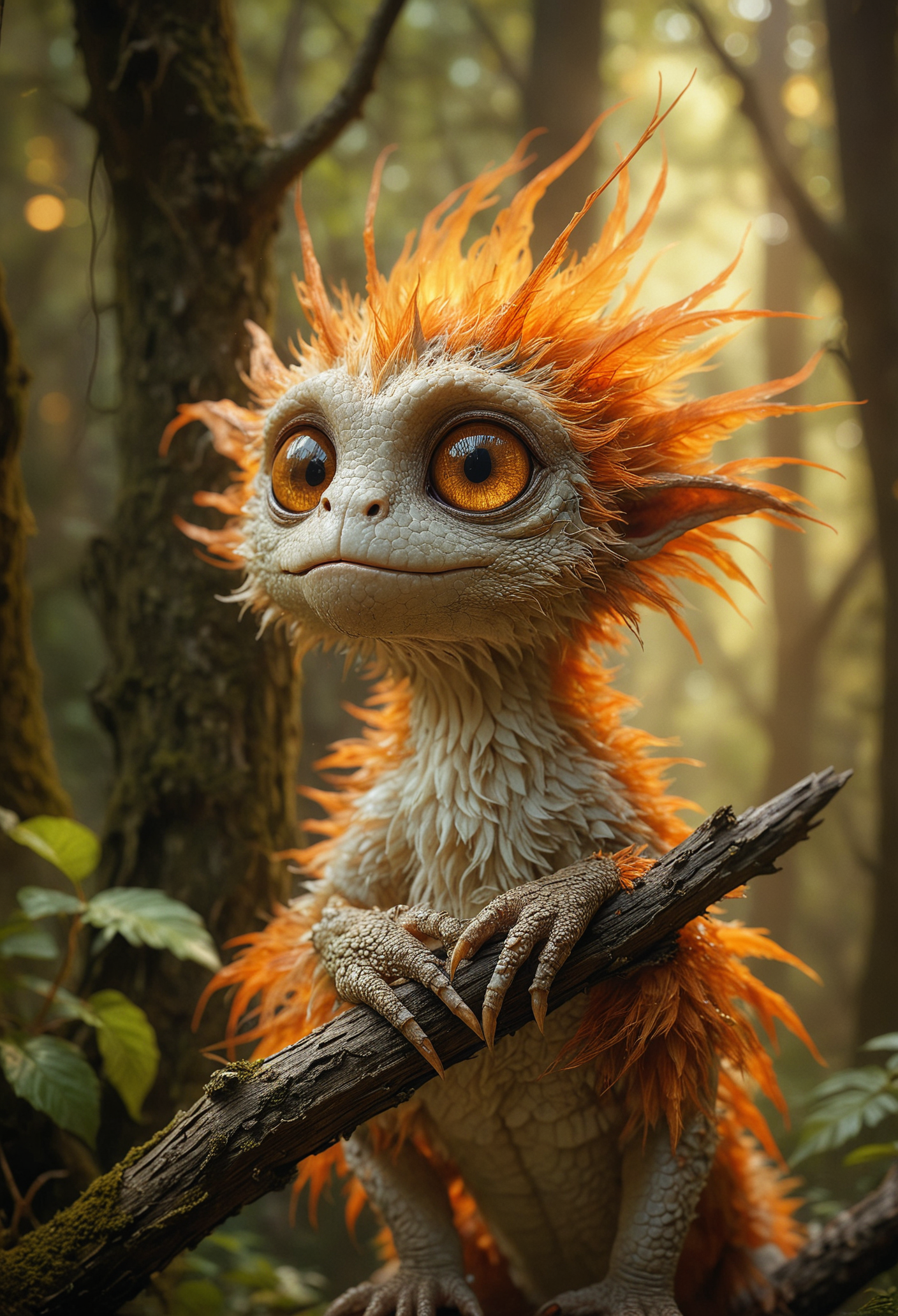 A whimsical creature with a gentle expression, hybrid of reptile and cute monster, lights up the frame, flaunting a fiery orange mane that crowns its soft cream-colored, spike-feathered body, it gazes upwards with large innocent glassy brown eyes, clutching a dark brown branch, against an enigmatic backdrop with soft highlights suggesting a dappled forest ambiance, <lora:MJ52:0.3>, <lora:SDXLFaeTastic2400:0.3>, <lora:detailed_notrigger:0.3>, <lora:add-detail-xl:1>