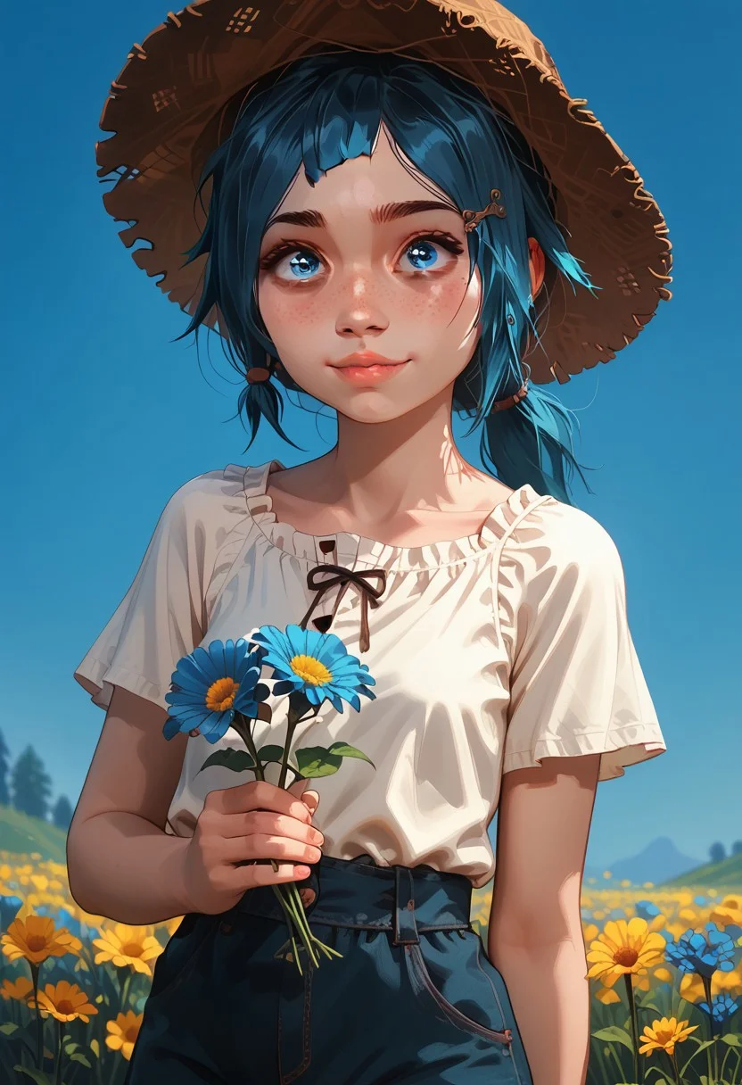 score_9, score_8_up, score_7_up, score_6_up, rating_safe, 1girl, 18 years old, PowderJinx, big eyes, ponytail, cutest girl in the world, cute cheeks, thigh gap, petite, freckles, freckled girl, bubble butt, kinky, adorable, petite, round face, . skinny, big eyes, blue eyes, field of flowers, cute sundress, tight pants, straw hat, smiling, adorable, holding flowers,