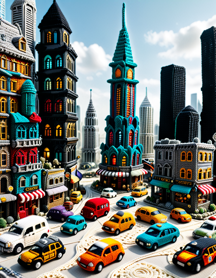 A post-apocalyptic city entirely crocheted, with skyscrapers unraveling and loose threads cascading down; vehicles and characters crocheted in mid-collapse; a melting crochet sky; intricate, textured details; surreal and haunting; symbolic of human fragility; a mix of awe and dread. <lora:SDXLFaeTastic2400:0.4> <lora:extremely_detailed:0.4> extremely detailed, <lora:cr0ch3t3d:1>,cr0ch3t3d, Masterpiece,best quality,hi res,8k,hi res,8k,award winning,(sharp focus, intricate, highly detailed),