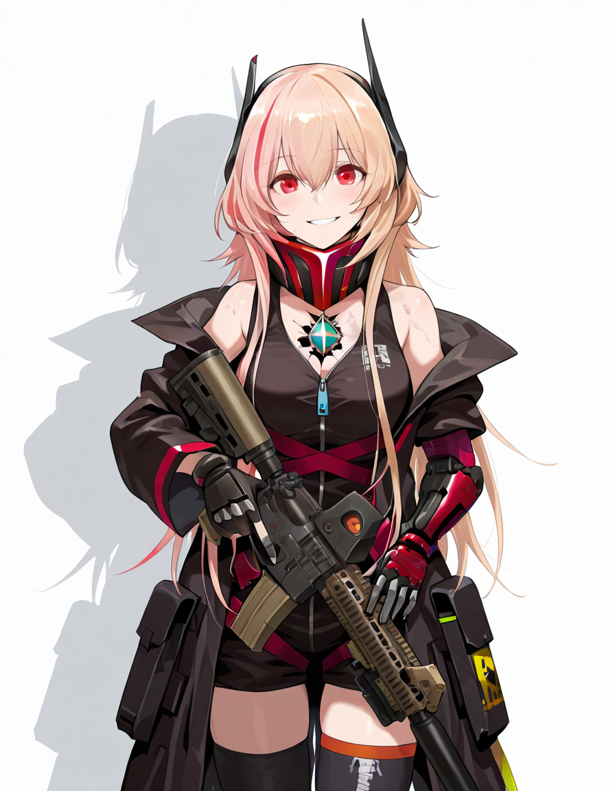 Volumetric Lighting, (masterpiece), (best quality), (ultra-detailed), masterpiece, source_anime, score_9, score_8_up, score_7_up BREAK, illustration, disheveled hair, detailed eyes, perfect composition, moist skin, intricate details, detailed eyes, detailed face, (((detailed fingers))) BREAK, long hair, blonde hair, pink hair, streaked hair, red hair, red eyes, BREAK, SopmodMOD3, MOD3_short_jumpsuit, MOD3_coat, MOD3_battle_mask, MOD3_chest_jewel, MOD3_coat_straps,single mechanical arm, MOD3_headgear, MOD3_single_glove, MOD3_thighhighs, banana (girls' frontline) BREAK, ((white background)), looking at viewer, smile, shadow, standing,upper body, m4 carbine, holding rifle, trigger discipline, off shoulders coat