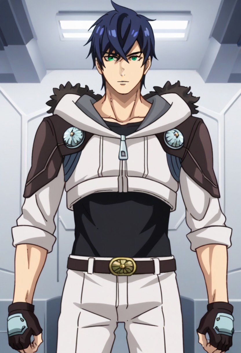 ((masterpiece)), ((best quality)), ((ultra-detailed)), ((absurdres)), score_9_up, score_8_up, score_7_up,
HD, top quality, best quality, amazing quality, High-quality illustrations, anime screencap, source_anime, best aesthetic, perfect proportions, perfect eyes, 1boy, 1male, solo boy, solo male, male focus, solo male focus, Anime, boy, male anime character, anime boy, handsome, cute, charming, sexy, Subaru Ichinose, blue hair, blue-green eyes, white chest jacket, black shirt, fur hood, rolled sleeves, fingerless gloves, belt, white pants, ((toned body, lean body)), ((tall body, tall height)), ((scientific research facility background, white room, sci fi)), ((cowboy shot, head to hips shot)), easynegative, updn, Expressiveh, masterpiece, best quality, very aesthetic, absurdres