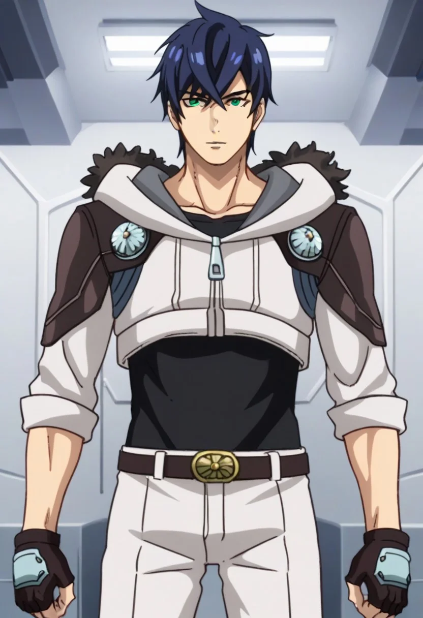 ((masterpiece)), ((best quality)), ((ultra-detailed)), ((absurdres)), score_9_up, score_8_up, score_7_up,
HD, top quality, best quality, amazing quality, High-quality illustrations, anime screencap, source_anime, best aesthetic, perfect proportions, perfect eyes, 1boy, 1male, solo boy, solo male, male focus, solo male focus, Anime, boy, male anime character, anime boy, handsome, cute, charming, sexy, Subaru Ichinose, blue hair, blue-green eyes, white chest jacket, black shirt, fur hood, rolled sleeves, fingerless gloves, belt, white pants, ((toned body, lean body)), ((tall body, tall height)), ((scientific research facility background, white room, sci fi)), ((cowboy shot, head to hips shot)), easynegative, updn, Expressiveh, masterpiece, best quality, very aesthetic, absurdres