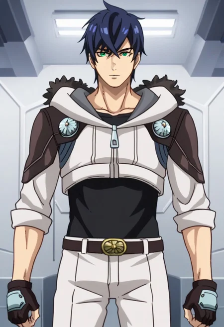 ((masterpiece)), ((best quality)), ((ultra-detailed)), ((absurdres)), score_9_up, score_8_up, score_7_up,
HD, top quality, best quality, amazing quality, High-quality illustrations, anime screencap, source_anime, best aesthetic, perfect proportions, perfect eyes, 1boy, 1male, solo boy, solo male, male focus, solo male focus, Anime, boy, male anime character, anime boy, handsome, cute, charming, sexy, Subaru Ichinose, blue hair, blue-green eyes, white chest jacket, black shirt, fur hood, rolled sleeves, fingerless gloves, belt, white pants, ((toned body, lean body)), ((tall body, tall height)), ((scientific research facility background, white room, sci fi)), ((cowboy shot, head to hips shot)), easynegative, updn, Expressiveh, masterpiece, best quality, very aesthetic, absurdres