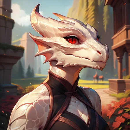 (((beautiful, high quality))), upper body, score_9, score_8_up, score_7_up, solo,
looks at the viewer,
Dragonborn, furry dragon,
1girl, red eyes, white scales, black dress,
outdoor, fantasy background, nature, blurred background,