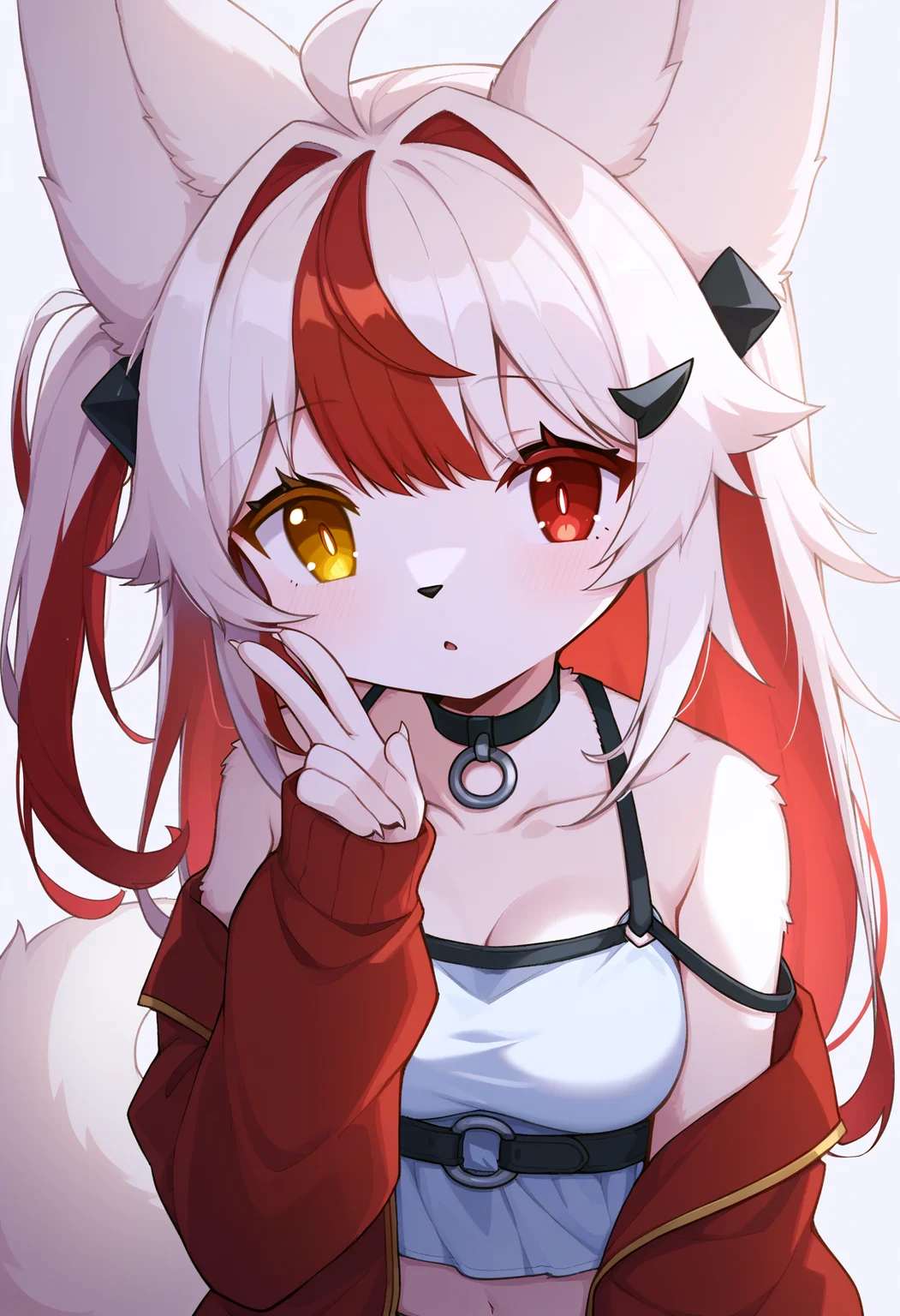 [score_9, score_8_up, score_7_up, score_6_up, score_5_up, score_4_up::0.2], 
white background, 
BREAK
1girl, solo, white pupils, heterochromia, yellow eyes, red eyes, bright pupils, 
furry female, animal nose, body fur, white fur, 
long hair, multicolored hair, two-tone hair, colored inner hair, streaked hair, white hair, (red hair:0.8), 
ahoge, hair flaps, hair intakes, sidelocks, one side up, 
fox girl, fox ears, fox tail, animal ear fluff, light blush, parted lips, shy, 
bare shoulders, collarbone, medium breasts, midriff, 
hair ornament, black choker, o-ring choker, o-ring, crop top, off shoulder, two-sided fabric, red jacket, open jacket, long sleeves, spaghetti strap, white camisole, sleeveless shirt, 
looking at viewer, (from above:0.8), fisheye, upper body, dutch angle, perspective, close-up, 
(leaning forward:0.8), standing, hand up, v, (from side:0.6), 
<lora:DevVoxy-P2v2-PDXL:1>