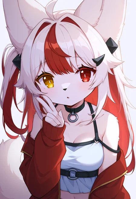 [score_9, score_8_up, score_7_up, score_6_up, score_5_up, score_4_up::0.2], 
white background, 
BREAK
1girl, solo, white pupils, heterochromia, yellow eyes, red eyes, bright pupils, 
furry female, animal nose, body fur, white fur, 
long hair, multicolored hair, two-tone hair, colored inner hair, streaked hair, white hair, (red hair:0.8), 
ahoge, hair flaps, hair intakes, sidelocks, one side up, 
fox girl, fox ears, fox tail, animal ear fluff, light blush, parted lips, shy, 
bare shoulders, collarbone, medium breasts, midriff, 
hair ornament, black choker, o-ring choker, o-ring, crop top, off shoulder, two-sided fabric, red jacket, open jacket, long sleeves, spaghetti strap, white camisole, sleeveless shirt, 
looking at viewer, (from above:0.8), fisheye, upper body, dutch angle, perspective, close-up, 
(leaning forward:0.8), standing, hand up, v, (from side:0.6), 
<lora:DevVoxy-P2v2-PDXL:1>