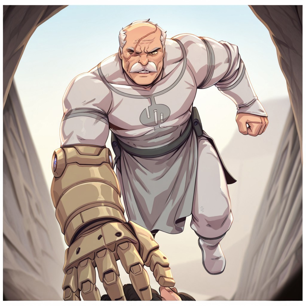 masterpiece, best quality, newest, absurdres, highres, d-rex, d-rex style, 
 1boy, Conquest-ISV-V1.0 old man, white hair, mustache, facial hair, scar, blind eye, single mechanical arm,