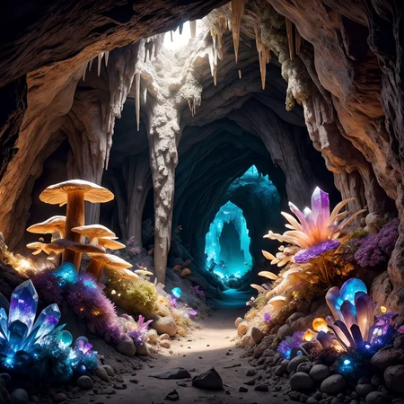 RAW photo, (masterpiece:1.3), subsurface scattering, heavy shadow, (high quality:1.4), (intricate, high detail:1.2), professional photography, HDR, High Dynamic Range, realistic, ultra realistic, photorealistic, high resolution, film photography, ambient lighting, atmospheric effects, <lora:detail_slider_v4:2>, OverallDetail, <lora:CrystalCaves:0.7>, cave, cryca, crystal, gem, mushrooms, nature, rock, scenery, a dwarven miner, <lora:DwarvenArmor:0.83>, DwarAr