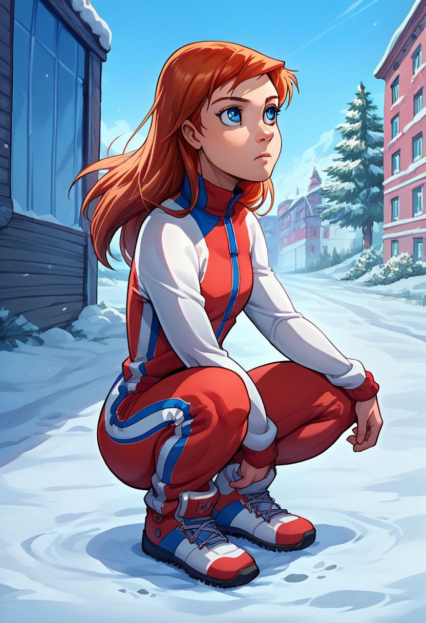 score_9, score_8_up, score_7_up, solo, cowboy shot, 1girl, female focus, source_cartoon, 2D, solo, julie_power, red hair, blue eyes, flat chest, tracksuit, squatting, snow, russia background, street