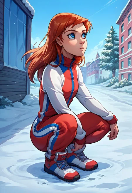 score_9, score_8_up, score_7_up, solo, cowboy shot, 1girl, female focus, source_cartoon, 2D, solo, julie_power, red hair, blue eyes, flat chest, tracksuit, squatting, snow, russia background, street