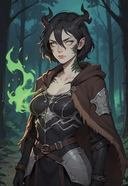safe_pos, ((zPDXL3)), score_9, score_8_up, score_7_up, score_6_up, score_5_up, score_4_up,
1girl, solo, Adult Woman, Slender Build, pale skin, short hair, wild hair, hair between eyes, looking at viewer, pale green eyes, slit pupils, black pupils, plain expression, medium breast, black hair, (extremely detailed face and eyes), closed mouth, collarbone, outdoors, tree, night, nature, leather armor, forest, in tree, hood, fur cloak, horns, neck scales, sholder scales, casting spell, green energy, green ball, glowing green fire, black scales, black dragon, dragon girl,
