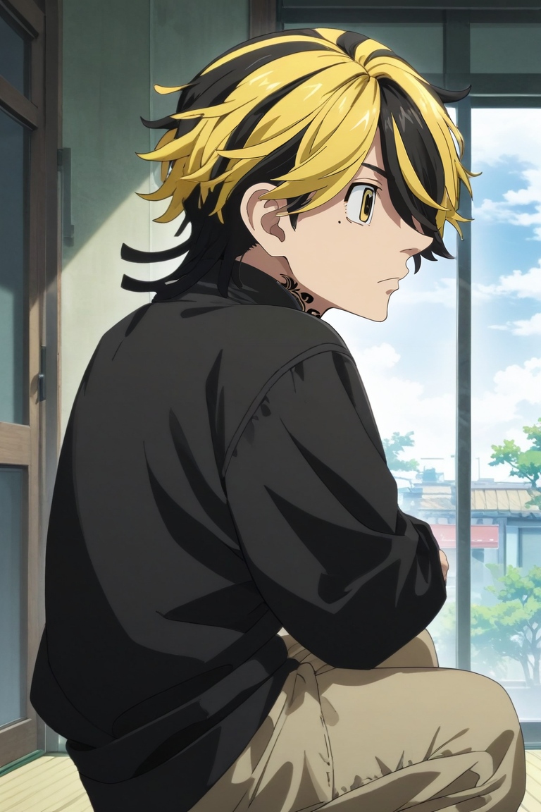 score_9, score_8_up, score_7_up, source_anime, rating_safe, , semi-realistic, , , 1boy, solo, male focus, <lora:kazutora_hanemiya_pony:0.9>, kazutora_hanemiya, blonde hair, yellow eyes, short hair, multicolored hair, two-tone hair, black hair, hair over one eye, bangs, , , profile, energy plant, indoors, light, squatting, :o, , <lora:sdxl_lightning_8step_lora:1>