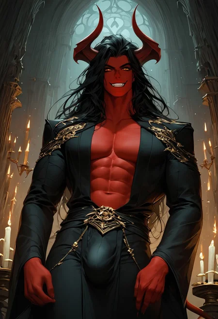 score_9, score_8_up, score_7_up, MJ, d3t41l3d, Expressiveh, easynegative,
dark cathedral background, candle lighting
1male, demon, muscular, red skin, ultra detailed, (evil, demonic, muscular), long black hair(lush hair, black hair, long hair), hair to the ground, handsome face, smiling, (seductive grin), strong, tall, horns on head, wearing black priest robe, seductive pose, bulge,  stands at an angle, looks at the viewer,
tilted view, angled view,
dark cathedral scene, candlestands