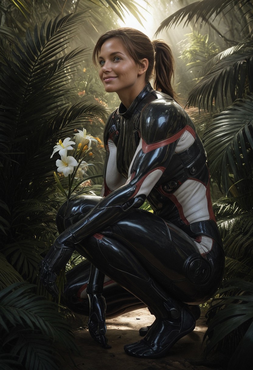 masterpiece, best quality, amazing quality,  Smooth Quality, hard lighting, close up, full body, realistic
detailed Background,
1girl, StrenuaRyder, brown hairs, green eyes, solo, adult,  muscular, smiling,  side view, jump_suit, black armor, white details, crouched, gathering an alien looking flower, beautiful flower,  jungle, ferns, 