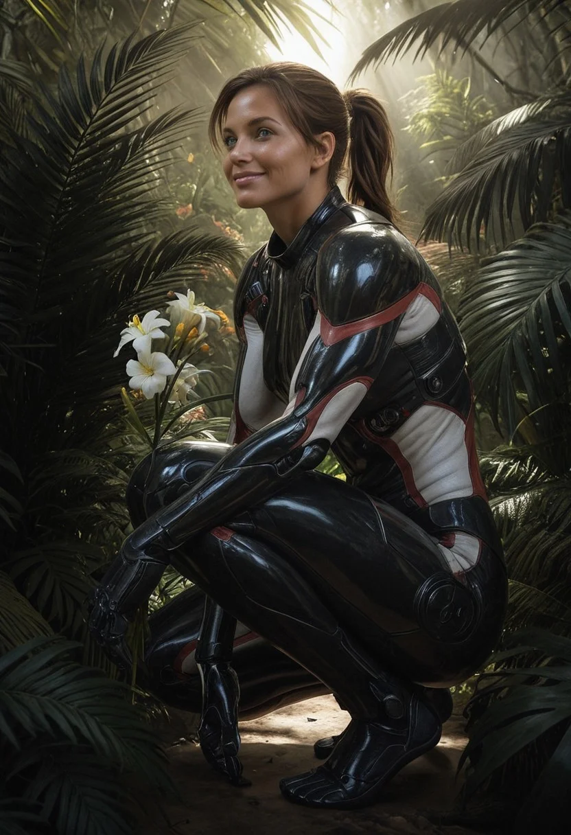 masterpiece, best quality, amazing quality, Smooth Quality, hard lighting, close up, full body, realistic
detailed Background,
1girl, StrenuaRyder, brown hairs, green eyes, solo, adult, muscular, smiling, side view, jump_suit, black armor, white details, crouched, gathering an alien looking flower, beautiful flower, jungle, ferns,