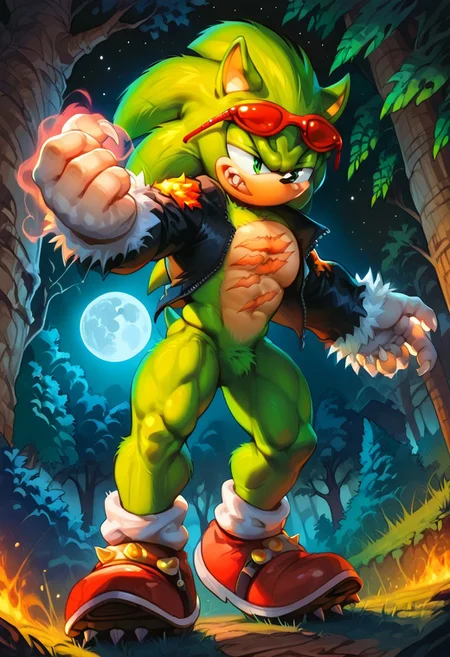 score_9, score_8_up, score_7_up, male, source_furry, male, solo, Scourge the Hedghog, green fur , sunglasses, shoes, jacket, gloves, eyewear on head, scars, fangs, claws, fur, big eyes, big hands, red sneakers, spikes on shoes, muscular:1.3, hands, no pants, (((dutch angle, sexy tease, sexy pose, stylish pose, action pose, clawing at a tree, from below)))
BREAK
forest, tress, outside, night, moon, stars, ambient light