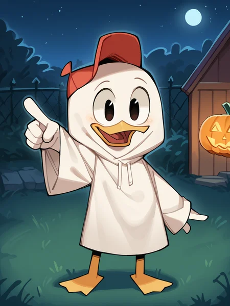 score_9, score_8_up, score_7_up, score_6_up, score_5_up, best quality, highres, source_furry, gjem, (outdoors, night, halloween:1.2)
1boy, male, solo, young, duck, beak, hueypdxl, beak, upper body, happy, pointing up, arm up, red hat, (ghost costume, long costume, covered head, eye holes, white hood,) <lora:Huey_Duck:0.8> <lora:ghostgirl:0.8>