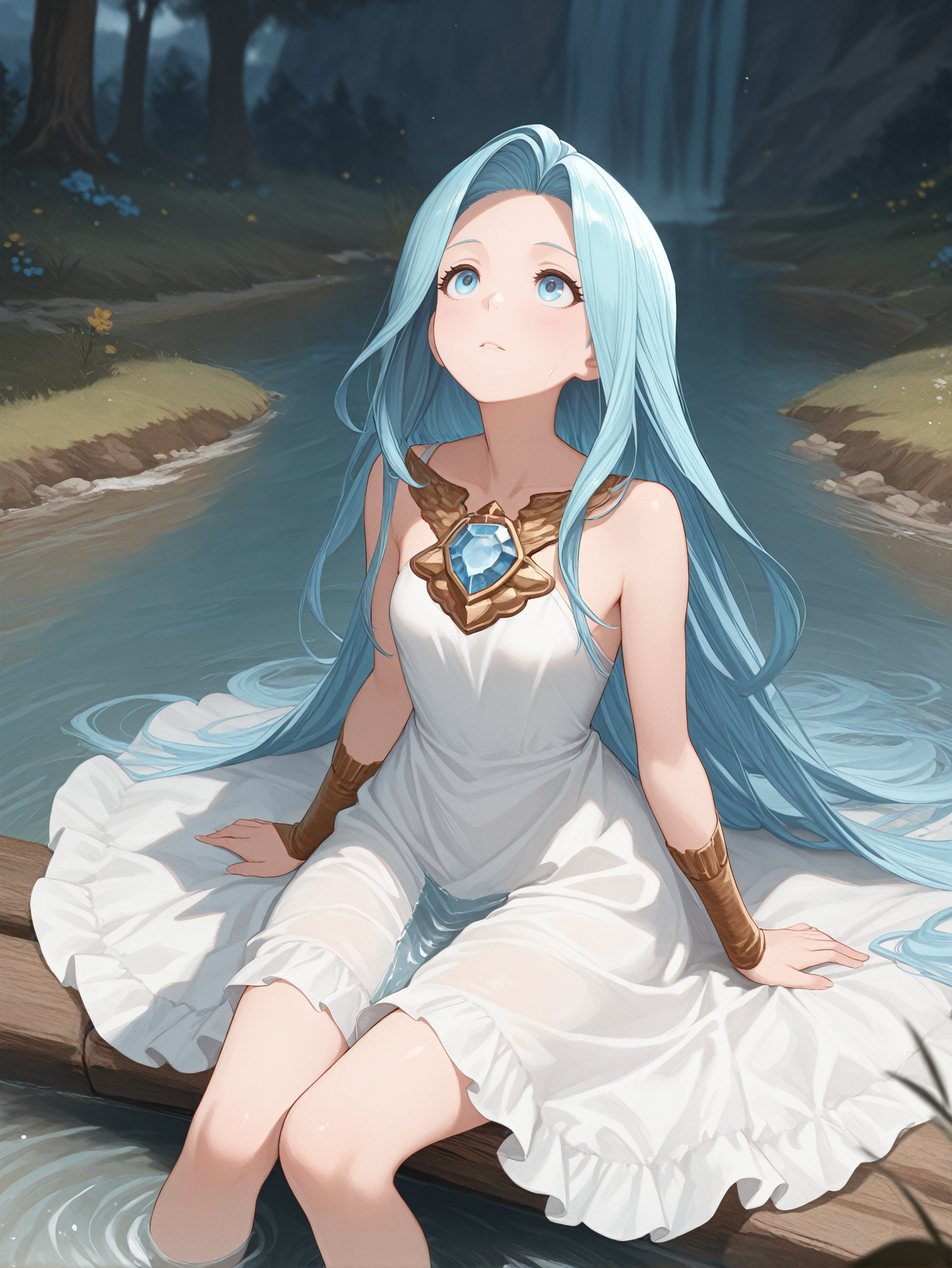 masterpiece, best quality, amazing quality, very aesthetic, absurdres, newest,
<lora:ILGFLyria:1.0>
GFLyria, 1girl, blue hair, blue eyes, long hair, jewel, Sitting by the riverbank with a small picnic spread, the flowing water glimmering as she looks up at the stars in awe.