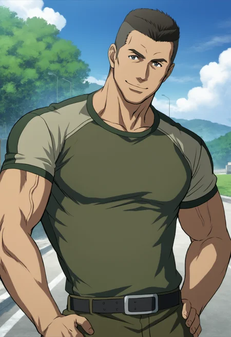 1boy, daisukeshinoyama_aico, tight green military shirt, black hair, crew hair cut,,  veiny arms, manly, muscular, stocky body, big muscle, score_7_up, score_6_up, score_8_up, score_9,  looking at viewer, detailed eyes, 8k uhd, high quality , standing in road, blue sky, hand on hip, close_up, front view,  face_focus, smile, front view
