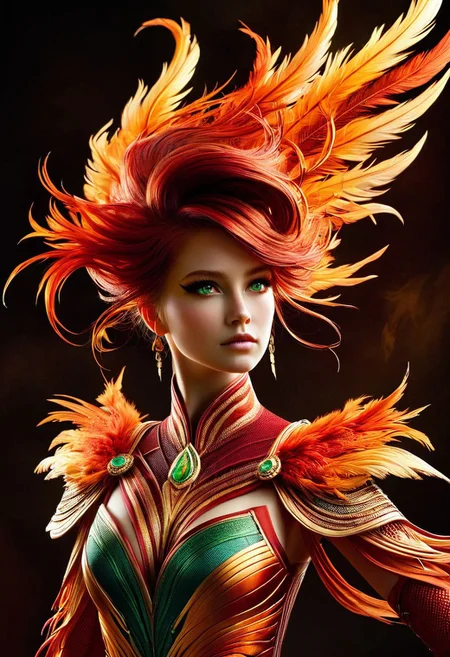 A young woman with porcelain skin and piercing green eyes, dressed in a phoenix-inspired outfit, hyper-realistic style, with intricate, fiery feathers and golden accents adorning her upper body, set against a dark, gradient background with soft, warm lighting, highlighting the subtle textures of her clothing and skin, in the style of digital painting with ultra-detailed, 4K quality.