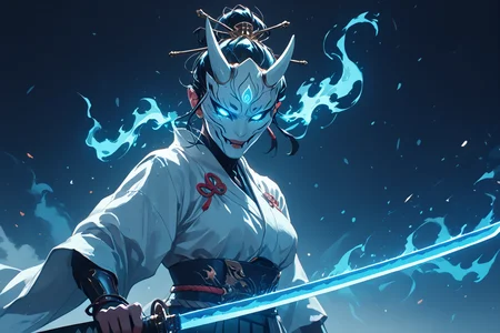 score_9, score_8_up, score_7_up, upscale 2x,(A Japanese female swordsman, wearing white Hanfu and a half mask on her face, holding a sword in hand, with glowing blue light effects, exquisite details of the character's facial features and eyes, rendered in the style of Unreal Engine, with a dark background and high contrast between cold tones, in a symmetrical composition surrounded by blue flames, creating a mysterious atmosphere:1.2), hkwarrior