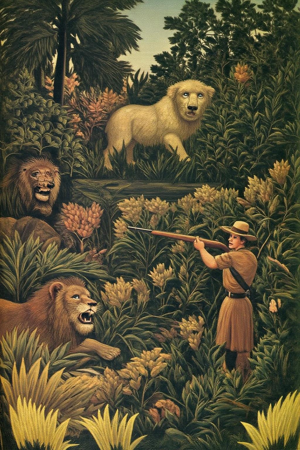 henrou1 painting
A detailed, vivid depiction of a jungle scene with a dramatic, almost theatrical mood. The scene features a large, muscular tiger with a golden-brown coat, partially obscured by lush foliage, emerging from the dense vegetation on the left side. The tiger's eyes are wide open, giving it an alert and predatory expression. On the right of the image is a hunger pointing his hunting rifle at the lion. <lora:henrou1_jungle_cap_d6a3e14:1.0><lora:817703555160036554:0>