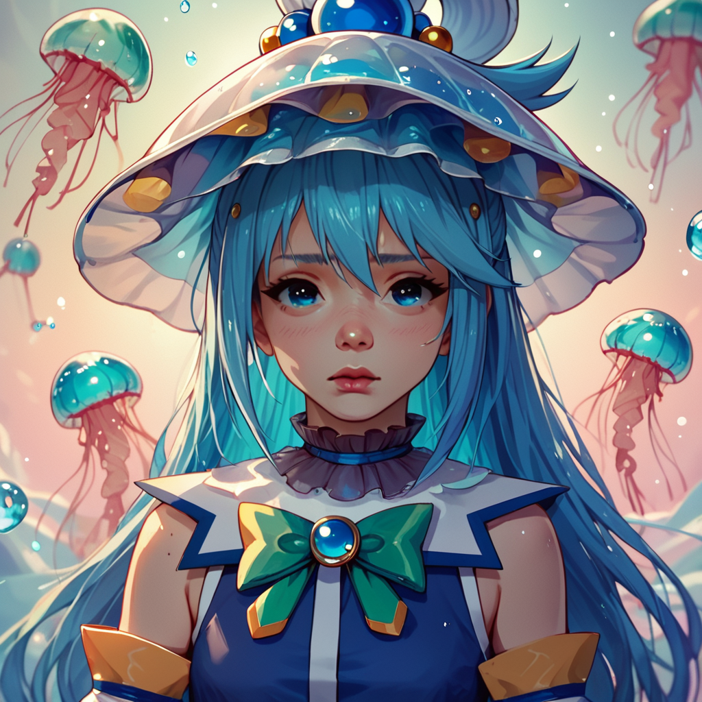 score_9,score_8_up,score_7_up,
jellyfishstyle, 1girl,aqua from konosuba, solo, bubble hat,
, <lora:jellyfish-pony:0.8>,