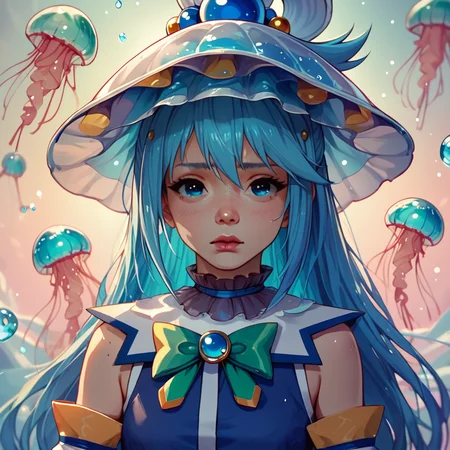 score_9,score_8_up,score_7_up,
jellyfishstyle, 1girl,aqua from konosuba, solo, bubble hat,
, <lora:jellyfish-pony:0.8>,