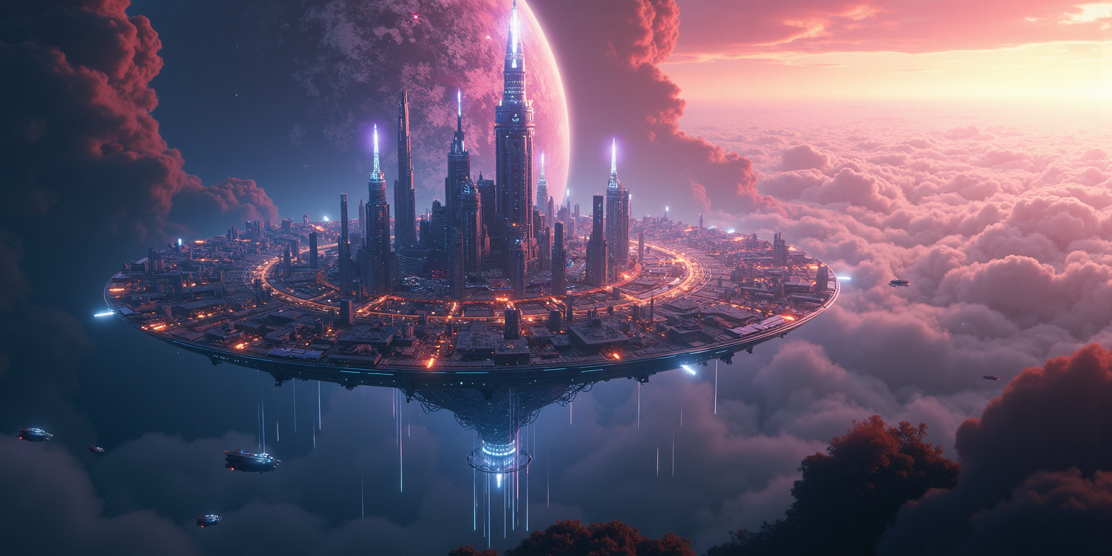Highly detailed, high resolution photo,futuristic floating city in high orbit over a forest planet. Towering skyscapers,fiber optic highways,pulsating fractals,LED,swirling nebulae of neon-hued light.,  space ships flying around <lora:alien_landscape_flux:1> <lora:aidmaMJ6.1_v0.5_3:0.8> aidmamj6.1 <lora:aidmaImageUpraderv0.3:0.0.35> aidmaimageupgrader <lora:aidmaGLOWV4wc:0.8> aidmaGlow