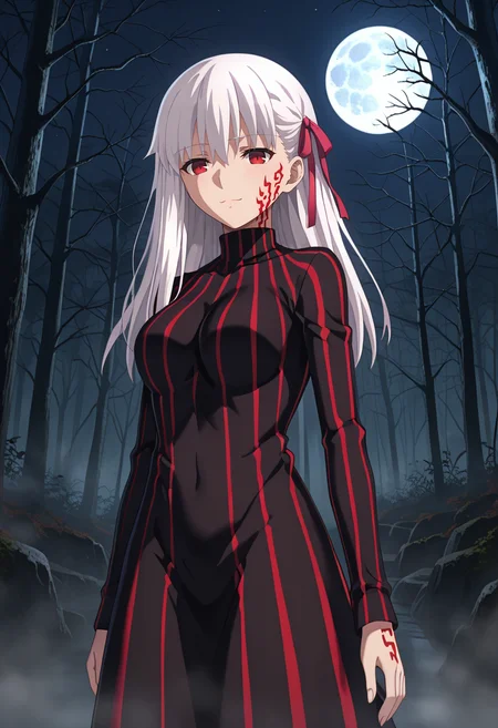 score_9,
<lora:FateStayNight_MatouSakuraXL:0.9>, MatouSakura,
1girl, solo, closed mouth, light smile,
white hair, long hair, red eyes, facial mark, hair ribbon, pink ribbon,
SakuraAlter, dark persona, corruption, striped dress, black dress, turtleneck,
standing, looking at viewer,
night, dark, moon, fog, forest